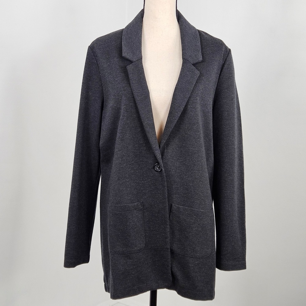 Garnet Hill Blazer Women 12 Gray Tencel Wool Blend Longline Knit Pockets Jacket